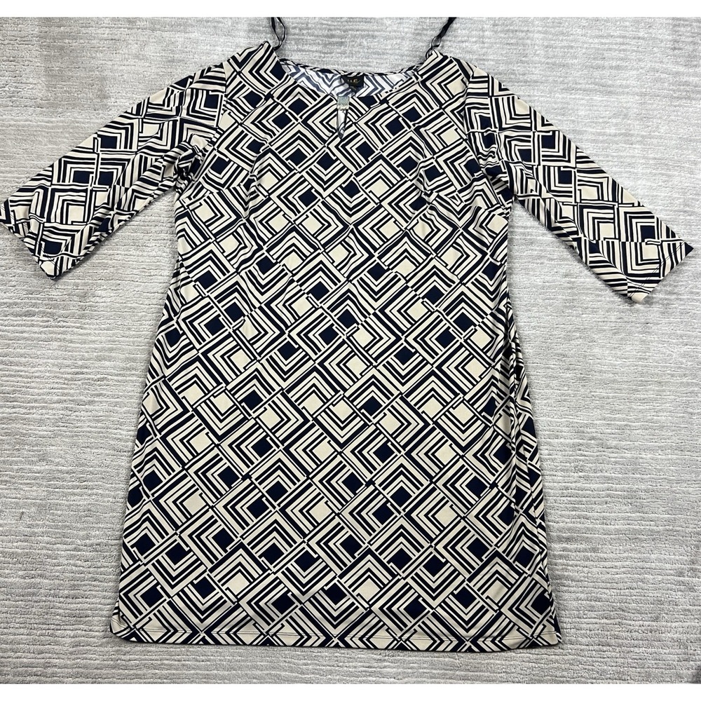 I Le New York Dress Womens 18 Blue Beige 3/4 Sleeve Knee Length Geometric Casual